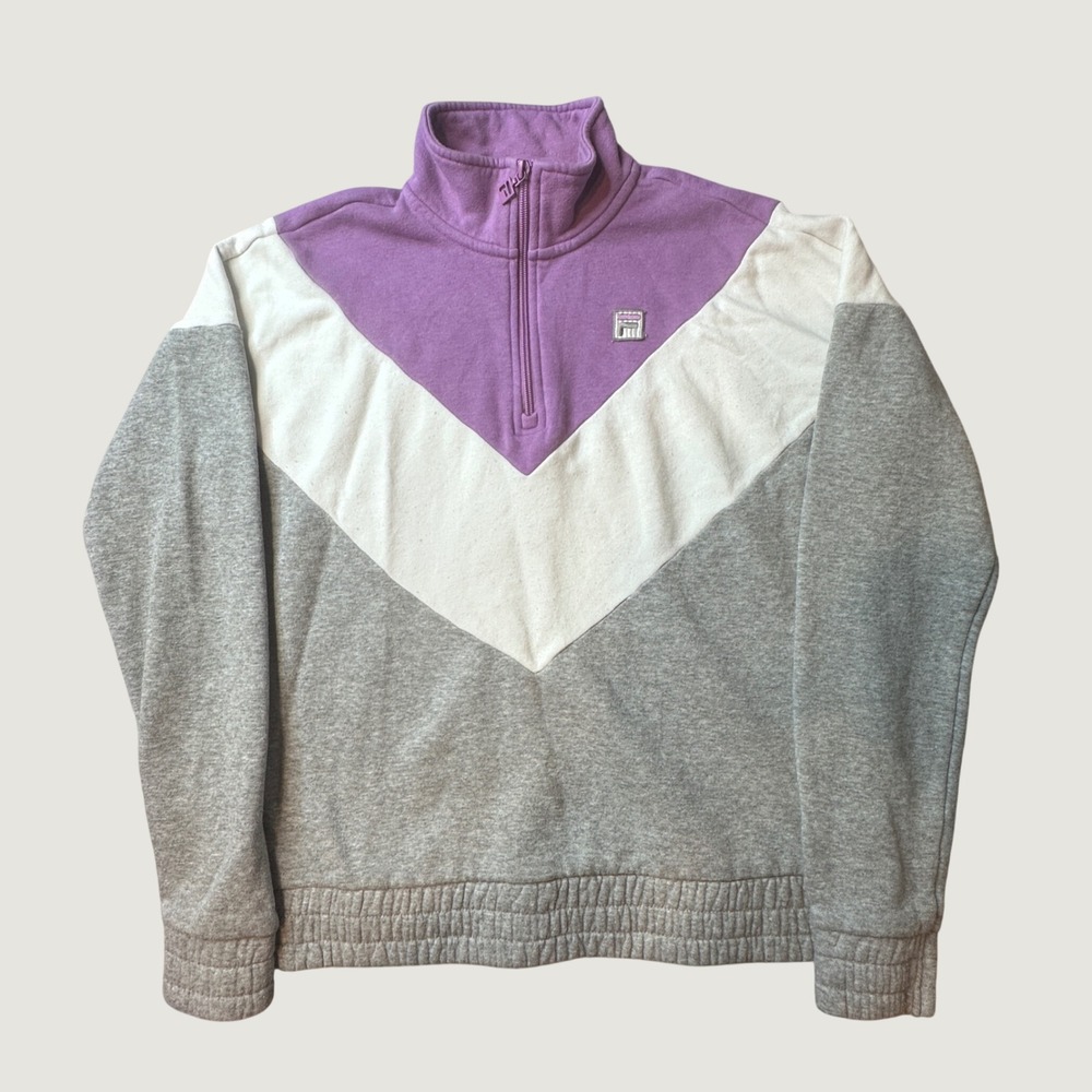FILA Sweatshirt Womens S Quarter-Zip Purple White Grey Colorblock Chevron